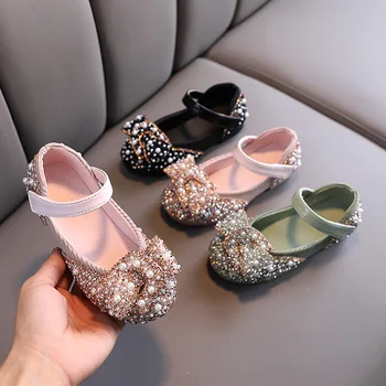 2020 Нова детски обувки, блестящи перлени кристали, детски обувки на принцесата за малки момичета, обувки за партита и сватби