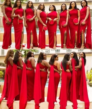 2023, арабски червени шаферски рокли на Русалка с намаляване на едното рамо с дължина до пода, сватбени и вечерни рокли на шаферките