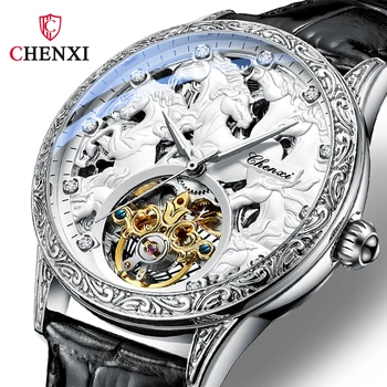 2023, Мъжки часовник CHENXI, модерен дизайн, часовници с кон, кожена каишка, автоматични механични часовници, мъжки луксозни ръчни часовници с турбийоном