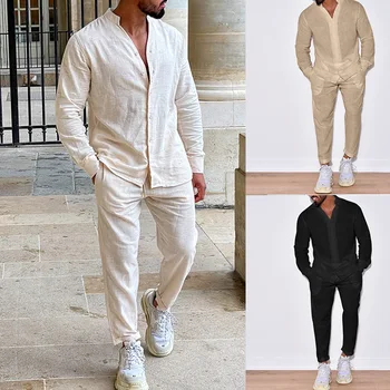 2023, Пролетно-есенни мъжки костюми, всекидневни памук лен свободен обикновен комплект от две части, риза и панталони с V-образно деколте за отдих, облекло