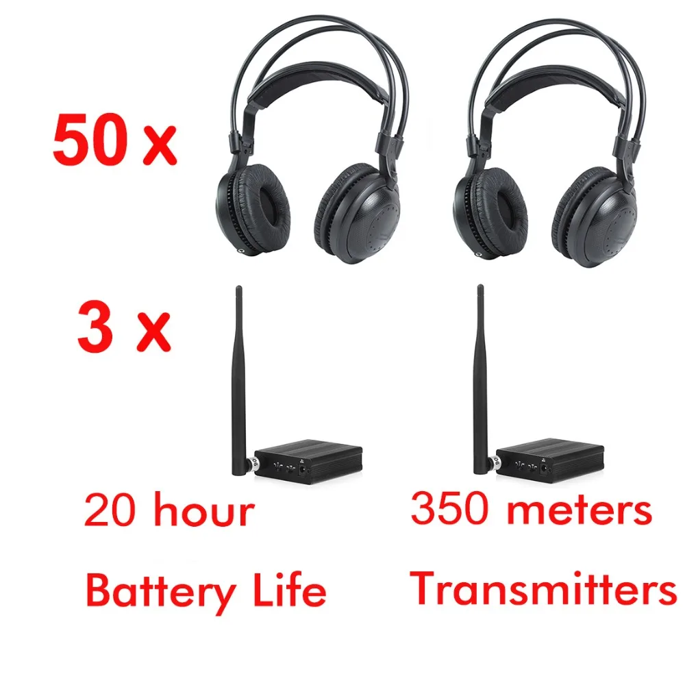 500 м 3-канални слушалки със силен нисък бас, класически безшумни диско-слушалки в комплект с 50 бр. и предаватели