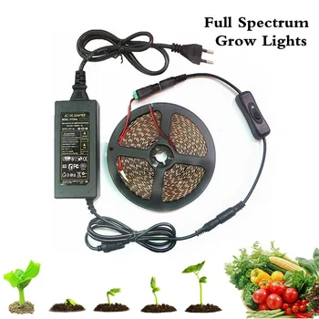 5050 led лампи за отглеждане на растения, водоустойчива светодиодна лента за отглеждане на растения dc 12v, комплект с храненето и ключа за аквариум, оранжерии 1-5 м