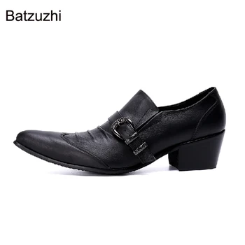 Batzuzhi/ черни мъжки обувки в корейски стил, черни модела обувки от естествена кожа, мъжки официални бизнес обувки на висок ток с остър пръсти 6,5 см