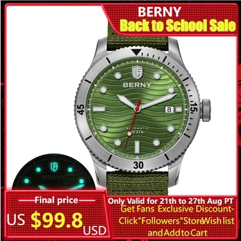 BERNY Мъжки автоматичен часовник за водолази PT5000 Movemen 20ATM, водоустойчив механични ръчни часовници с светящимся сапфир, спортни часовници за гмуркане за мъже