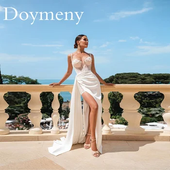 Doymeny Елегантна секси сватбена рокля на тънки спагети презрамки с висока цепка, Русалка, дантела, прост контур, Robe De Mariee