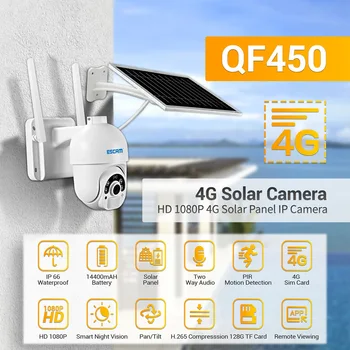 ESCAM QF450 1080P Облачное Хранилище 4G Сим-карта, Батерия PIR Аларма куполна IP Камера Със слънчев Панел, Пълноцветно Нощно Виждане Двустранно