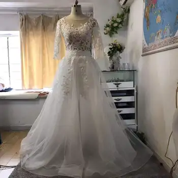 MYYBLE Фантастично сватбена рокля-двойка с деколте бато от тюл, дантела и апликации, ръкави 3/4, сватбена рокля с подвижна пола