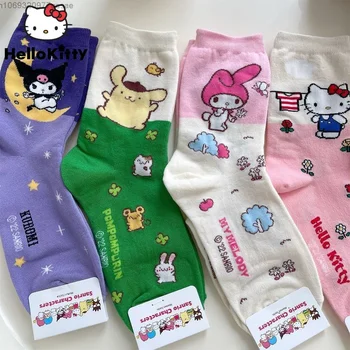 Sanrio Кити Kuromi Cinnamoroll Melody, домашни чорапи за жените, студентски памучни чорапи със среден размер, сладки кавайные мультяшные чорапи за момичета