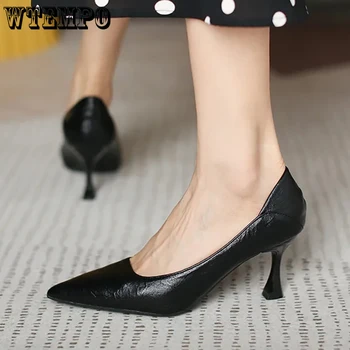 WTEMPO / дамски модни нови елегантни тънки кожени обувки черно кайсиев цвят на висок ток за почивка, офис женски нескользящие обувки-лодка
