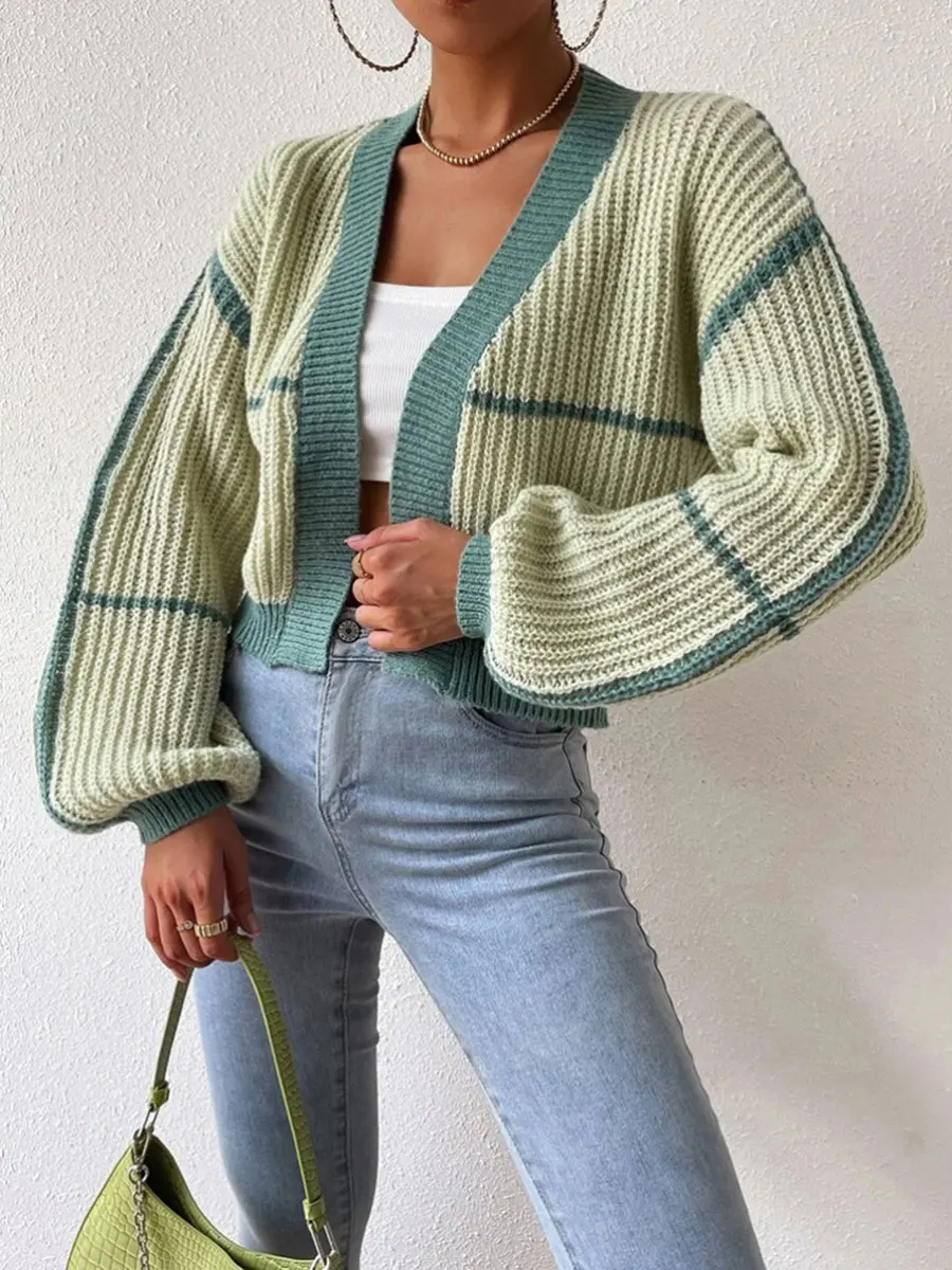 YHLZBNH/ жена кратък жилетка с дълъг ръкав, пуловери в контрастен цвят, свободно намаляване, скъсяване на върхове с отворена предна част, плетива
