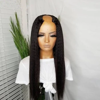 Бесклеевой Яки, 24-инчов дълбоко естествена черна къдрава перука с директен U-образна част от бразилски перуки, изработени от човешка коса, за жени, детска коса, U-образни перука