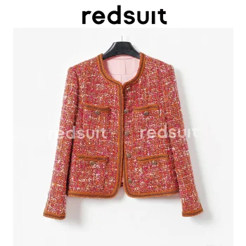 Винтажное червено палто от твидовой плат с лек аромат на Advanced Sense, гъста козина, за светска lioness, ново