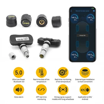ГУМИТЕ Безжична система за контрол на налягането в гумите BT5.0, автомобилна аларма, манометър за гуми с 4 сензори за мониторинг на приложения за Android и IOS