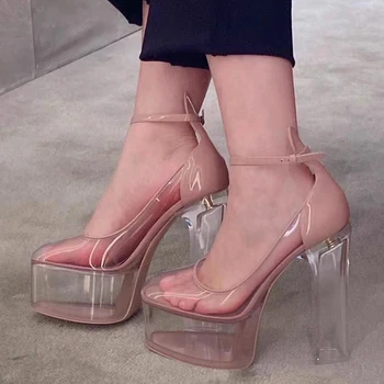 Дамски прозрачни сандали на дебелото платформа от прозрачен PVC, нови летни ключалката на глезените, обувки-лодка кайсиев цвят