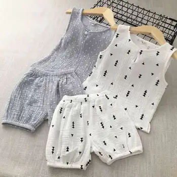 Детски дрехи Лято 2023, нова жилетка без ръкави за момчета, тенденция корейската версия, красив ежедневни памук комплект-двойка с геометричен принтом