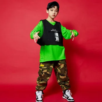 Детски облекла в стил хип-хоп, градинска дрехи, зелена hoody, жилетка, панталони-карго в стил хип-хоп за момчета и момичета, бебешки дрехи за джаз танци