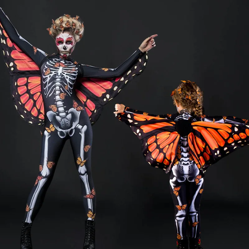 Дъждобран-пеперуда с виртуален скелет, секси жена страховито гащеризон с дявола и духа на Хелоуин, карнавальное представа, страшен костюм за деца и възрастни