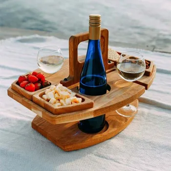 Дървена сгъваема маса за пикник с прозрачно притежател на Кръгла сгъваема маса Стойка за чаши вино Сгъваеми масички за предястие за парти в градината