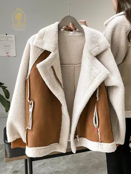 Есенно-зимни дамски палта 2023, нова ежедневни свободна горна дреха в стил мозайка, дамски яке-зреещи в корейски стил, реколта съкратен джобове от вълна от овце, дамски