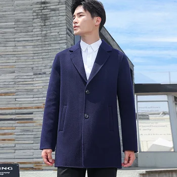 Есенно-Зимно Мъжко Двустранно палто с яка в корейски стил от 100% мериносова вълна, Кашемировое Бизнес палто със Средна дължина, Топ