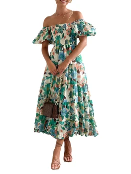 Женствена рокля с флорални принтом, отворени рамене, стилна лятна рокля свободно намаляване с къс ръкав за луксозен начин на