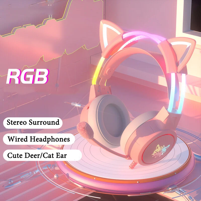 Жични слушалки слот Kawaii с микрофон, скъпа детска слушалки с оленьими/кошачьими уши, RGB led светлини, стерео слушалки за КОМПЮТЪР, момиче, момче
