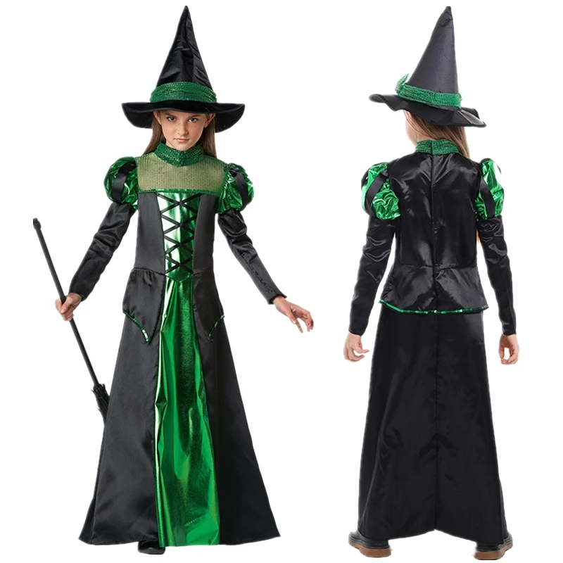 Зелен костюм на вещица за момичета на вси, униформи, детска карнавальная парти, дрехи за cosplay вампири