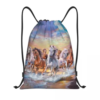 Изработена по поръчка класическа чанта с изображение на движещ се кон, чанта за съвсем малък за жени и мъже, лека спортна раница за съхранение във фитнеса