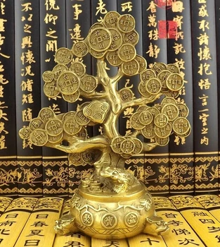 Китайската латунная 19 см монета Статуя на дърво Фън шуй Богатство фигурки парична жаба Декор