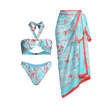 Комплект бикини с океански принтом и нос, секси бански костюм с свисающим деколте, плажни дрехи за лятната ваканция, дамски бански костюми 2023