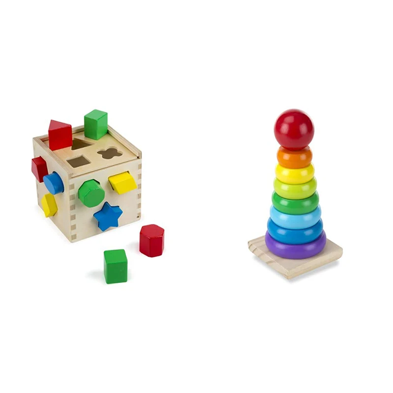 Куб Класическа дървена детска играчка, Играчка Монтесори Дървена форма Сортиране куб Класическа дървена играчка с 15 форми на Детски играчки за сортиране на форми