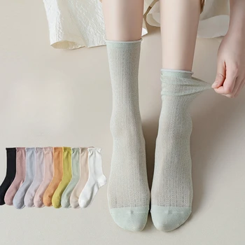 Летни чорапи, дамски мрежести тънки памучни сладки чорапи, выдалбливают средна тръба, меки дишащи дълги чорапи, ежедневни пролетни 1 чифт