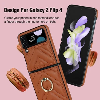 Луксозен Кожен Калъф С Група За Пръстен върху Пръста За Samsung Galaxy Z Flip 4 3 Case Сгъваем Калъф Flip4 Flip3 Cover Корпуса Funda