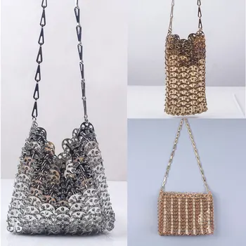 луксозни дамски чанти Дизайнерски метални пайети Тканая чанта на верига Кухи вечерни чанти клатч Дамски пътна празнична чанта през рамо чанта