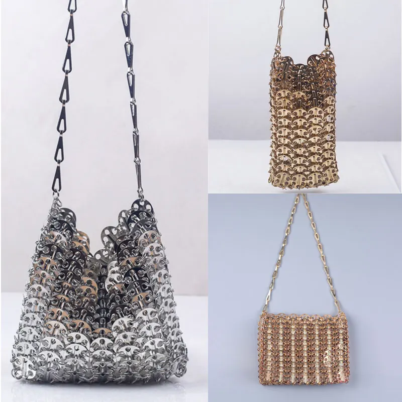 луксозни дамски чанти Дизайнерски метални пайети Тканая чанта на верига Кухи вечерни чанти клатч Дамски пътна празнична чанта през рамо чанта