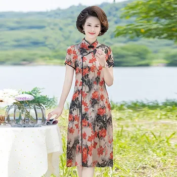 Лятна рокля-чонсам с яка-часова в ретро флорални мотиви, коварен подобряване женствена рокля midi в китайски стил, дамски дрехи