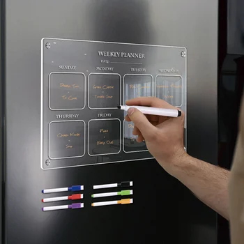Магнитна дъска за писане седмичен план за хладилник, малка дъска за сухо изтриване, е прозрачна акрилна бяла дъска, календар на хладилник