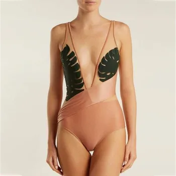 Модерен секси цял бански с дълбоко V-образно деколте и ботаническата принтом 2023, женски годишният елегантен розов костюм-бикини, хавлии за плаж, бански костюм