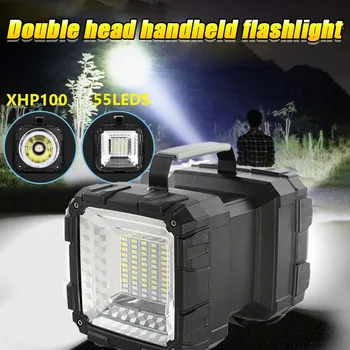 Мощен ръчен модерен лампа XHP100 с двойна глава, която се презарежда чрез USB, прожектор с висока мощност, уличен фенер за къмпинг, ръчна лампа