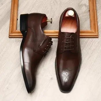 Мъжки модел обувки-oxfords от естествена кожа, луксозна офис сватбени обувки дантела, черни, кафяви oxfords с остри пръсти тип 