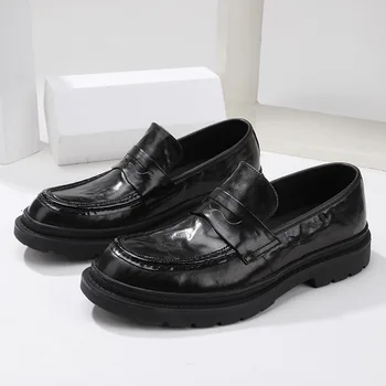 Мъжки обувки Lefu от телешка кожа в дебела подметка, повишена височина, бизнес и ежедневни кожени обувки и обувки-на зърна