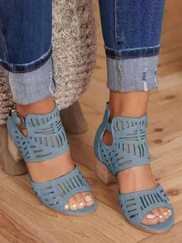 Нови сини сандали на квадратен ток с цип, отворени сандали с отворени пръсти, пикантни женски обувки-лодка на ток с появата на шнур, лятна обувки с каишка на щиколотке