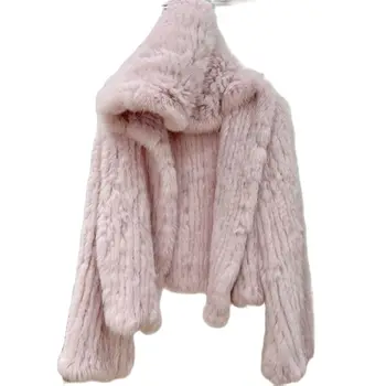 Ново палто от естествена кожа заек, сако от 100% естествена кожа, свободно качество, ръчна изработка, с качулка и изгорени ръкави, есенно-зимни дамски градинска облекло