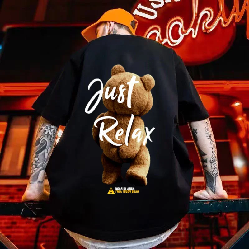 Памучен тениска Relax Смешни Bear, модерна риза с стръмен принтом на гърба, извънгабаритни графични върхове, нова лятна тениска с къс ръкав