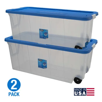 Пластмасов контейнер за съхранение на HART обем 200 литра с защелкивающимся ролка, Прозрачен, Комплект от 2 кутии за съхранение