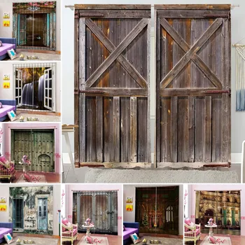 Плътни завеси в селски стил от дърво, реколта дървена врата на бараката, декорация за дома, спалня, всекидневна, алуминиева дограма, щори с люверсами, 2 панела