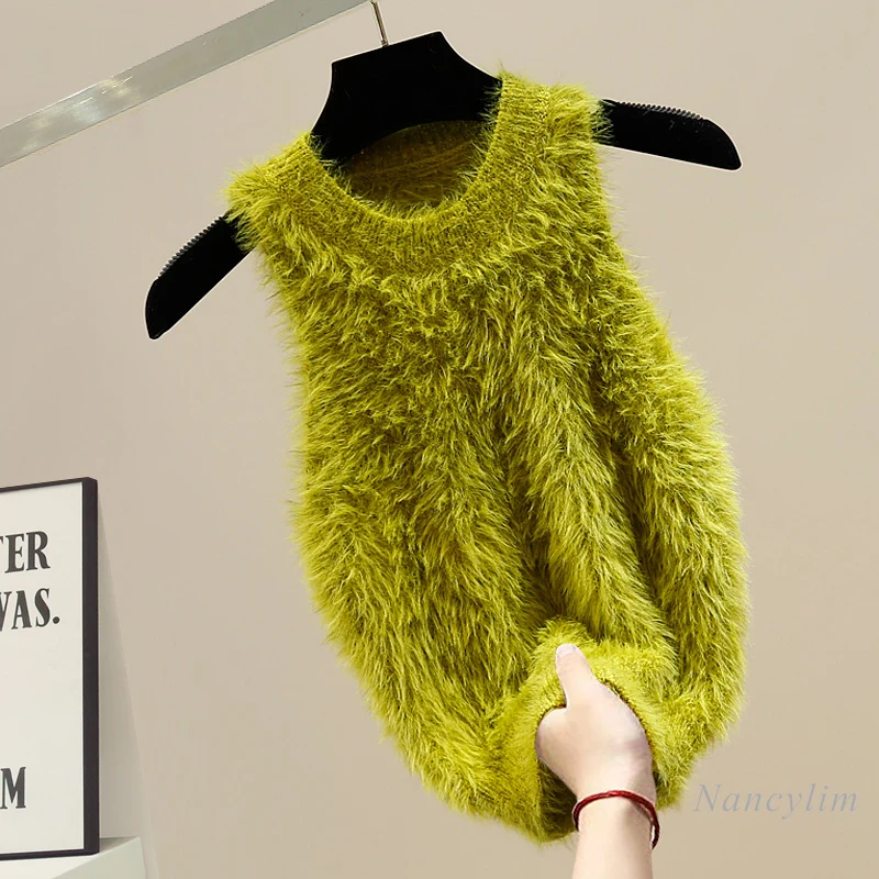 Пуловер с кръгло деколте, оборудвана кратък мохеровый пуловер без ръкави, майк за жени, оборудвана, стрейчевый, Y2k, топ, есен 2023 година