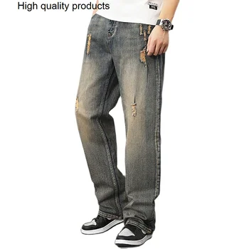 Ретро Плюс Размер, свободни широки дънки Оверсайз, мъжки ежедневни директни дънкови панталони, градинска облекло с широки штанинами в стил хип-хоп, дрехи за гарема