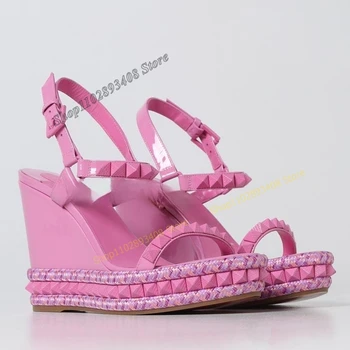Розови Сандали на платформа с нитове и Плетением, Однотонная Дамски Обувки На Танкетке, Големи Размери 2023, Летни Модни Пикантни Zapatos Para Mujere