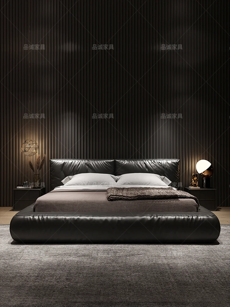 Светла луксозно кожено легло, скандинавски двойно легло, двойно легло, основна спалня, сватбена легло, 1.8 m, модерна проста италианската минималистичная кожа